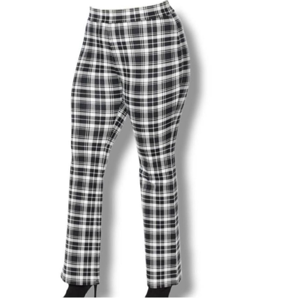 New! IMAN Global Chic 360 Women's Slim Ponte Boot Cut Pants Black Plaid Size 5XP